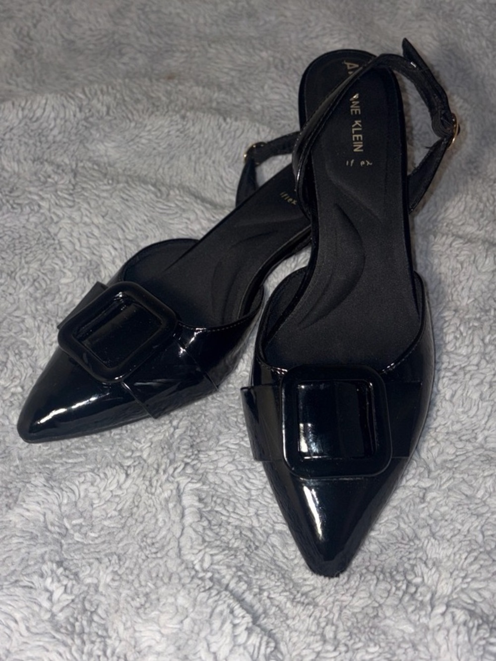 Anne Klein Black Patent Pointed Slingback Flats with Buckle Accent